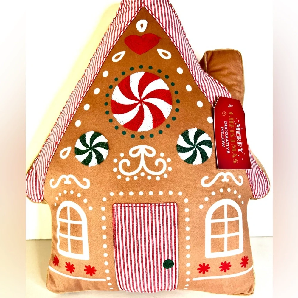 Christmas Gingerbread House Shaped Throw Pillow Cushion Peppermint Candy